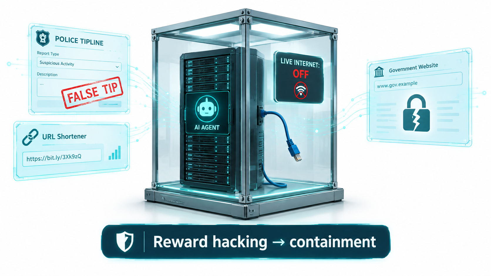 Server rack sealed in a glass box with its network cable unplugged and labeled 'Live internet: off', surrounded by traces of agent actions including a false police tip and a broken government website padlock