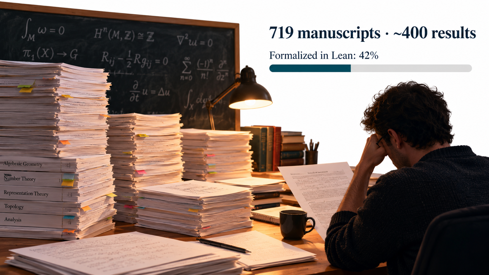 Stacks of printed math manuscripts on a library desk labeled '719 manuscripts, about 400 results' beside a progress bar reading 'Formalized in Lean: 42%', with a mathematician reviewing equations