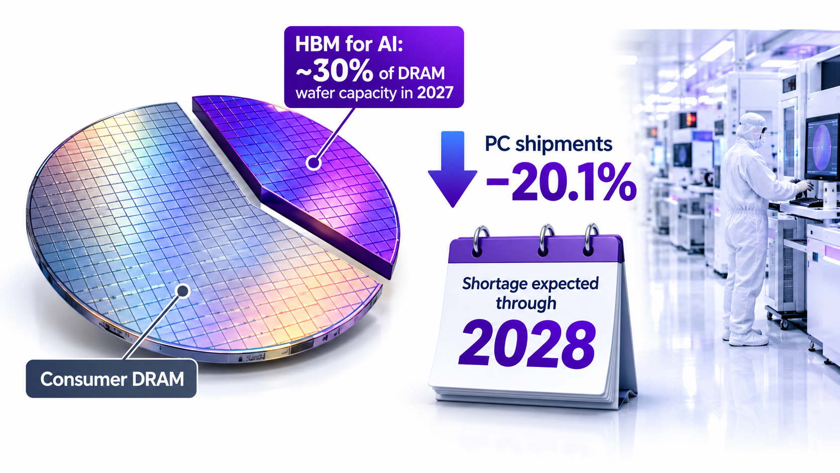 Semiconductor wafer split between a growing HBM slice labeled about 30% of DRAM wafer capacity in 2027 and a shrinking consumer DRAM slice, with PC shipments down 20.1% and a calendar reading 2028