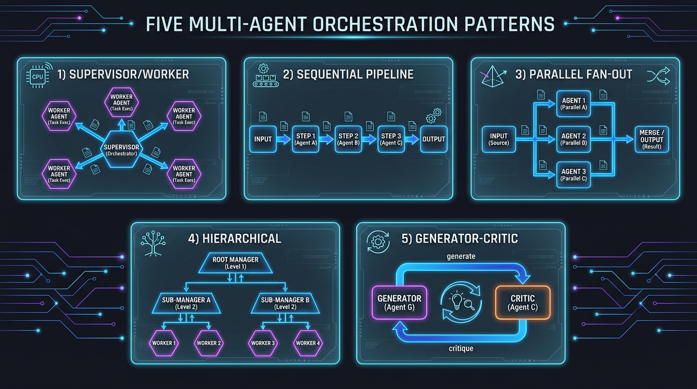 Five Multi-Agent Orchestration Patterns: Supervisor/Worker, Sequential Pipeline, Parallel Fan-Out, Hierarchical, Generator-Critic