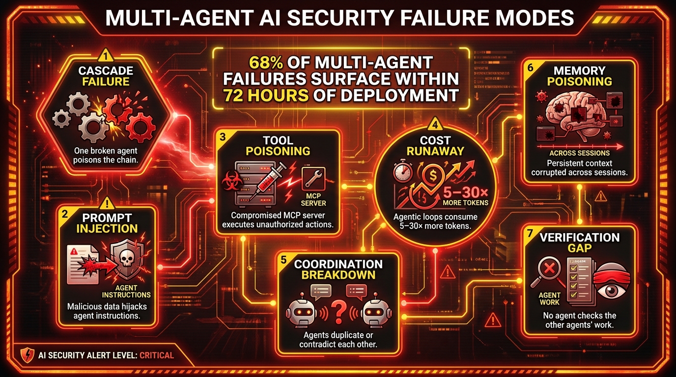 Seven dangerous multi-agent AI failure modes including cascade failure, prompt injection, tool poisoning, and cost runaway — 68% of failures surface within 72 hours