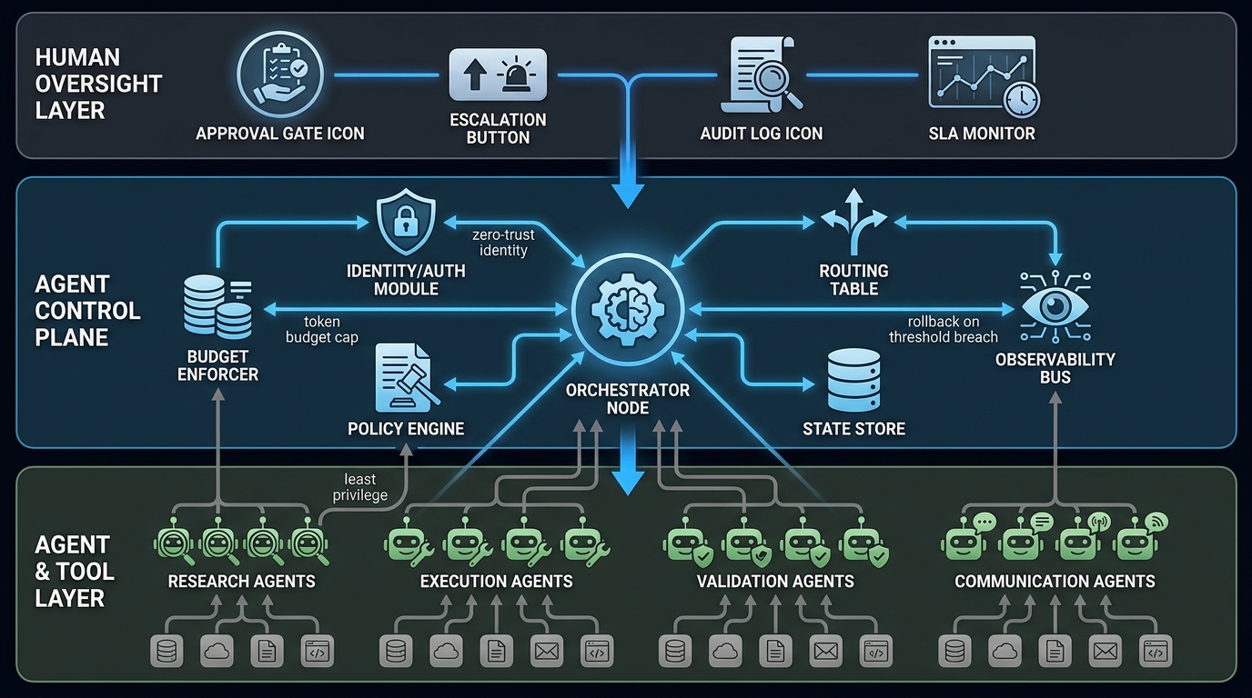 Enterprise AI agent control plane architecture showing identity, policy engine, routing, state store, budget enforcement, and human oversight layers