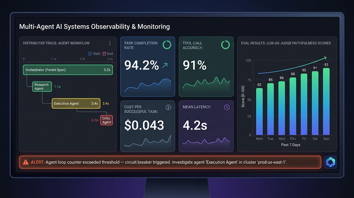 Multi-agent AI observability dashboard showing distributed traces, task completion rate, tool-call accuracy, cost per task, and LLM-as-judge evaluation scores