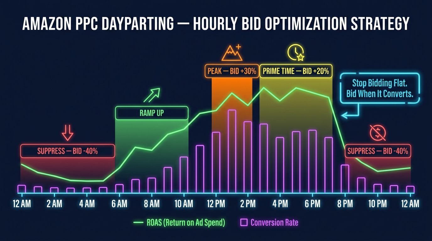 24-hour Amazon PPC dayparting chart showing hourly bid adjustment strategy with peak and off-peak windows labeled