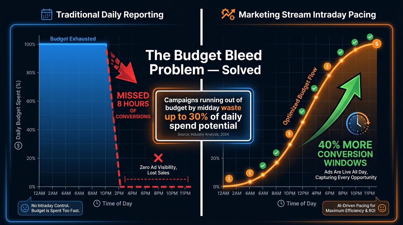 Amazon PPC budget pacing comparison showing traditional daily budget exhaustion vs Marketing Stream intraday budget management