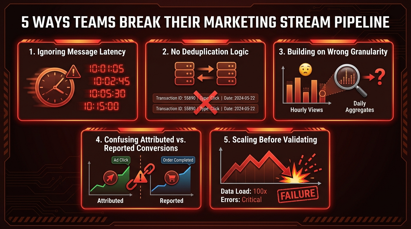 Five common Amazon Marketing Stream implementation mistakes including message latency, deduplication failures, and attribution confusion