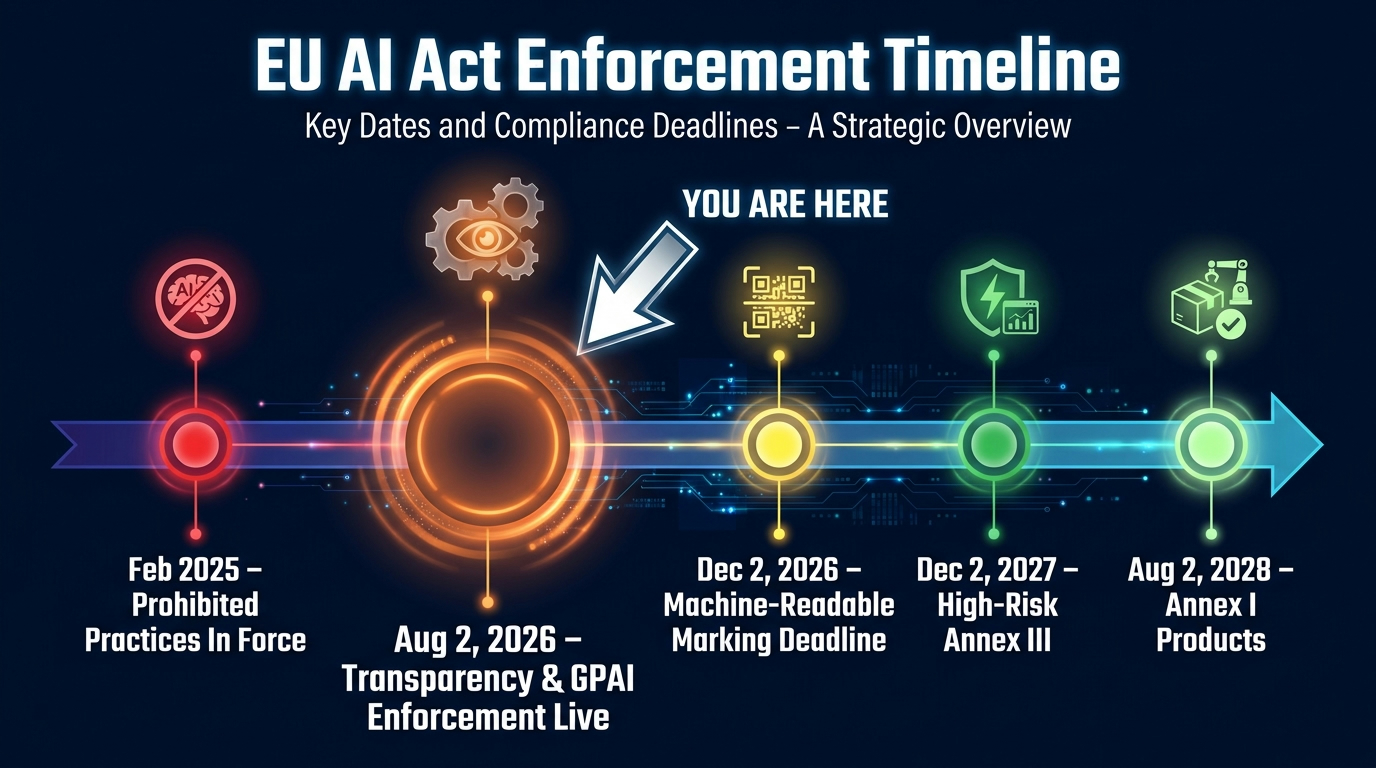 EU AI Act enforcement timeline showing key compliance dates from 2025 through 2028 with 'You Are Here' marker at August 2026