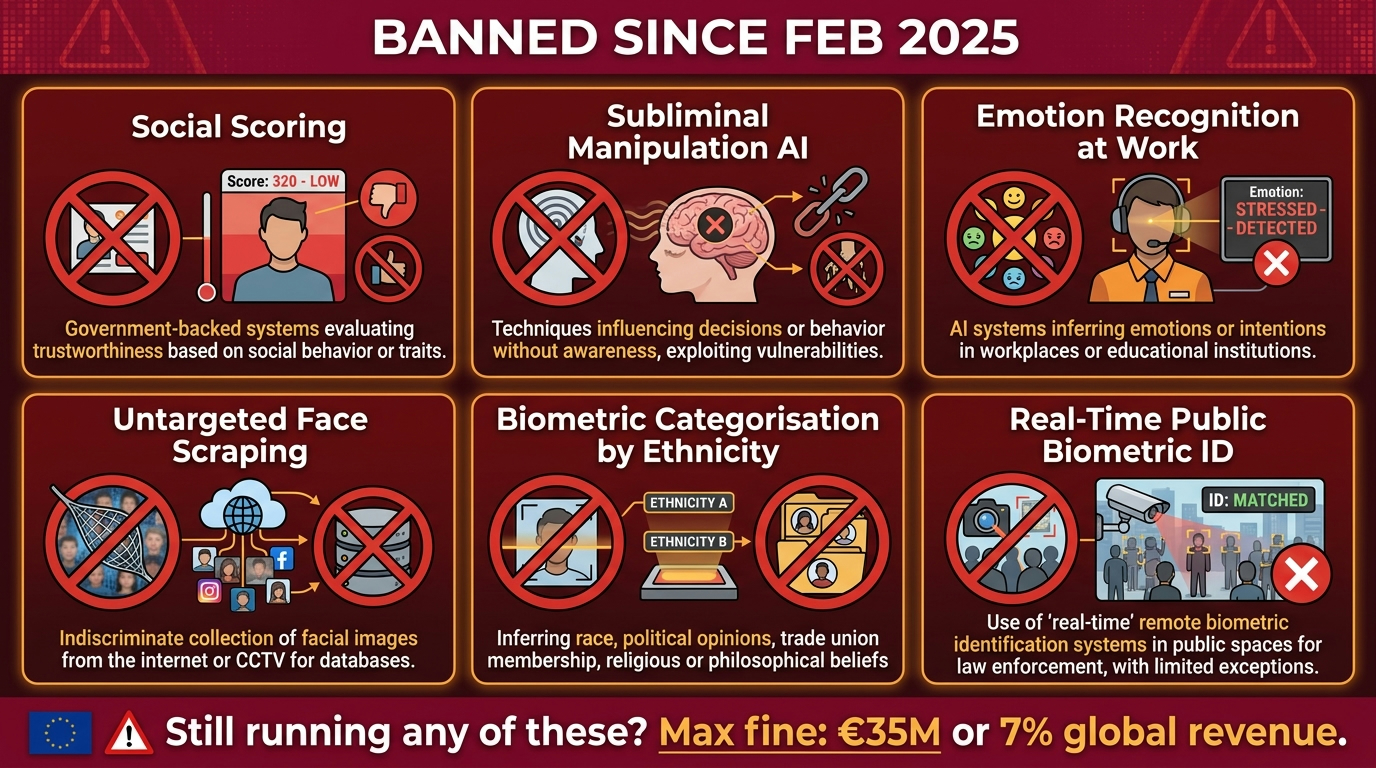 Red infographic listing six EU AI Act prohibited practices banned since February 2025 with maximum fine of €35M or 7% global revenue