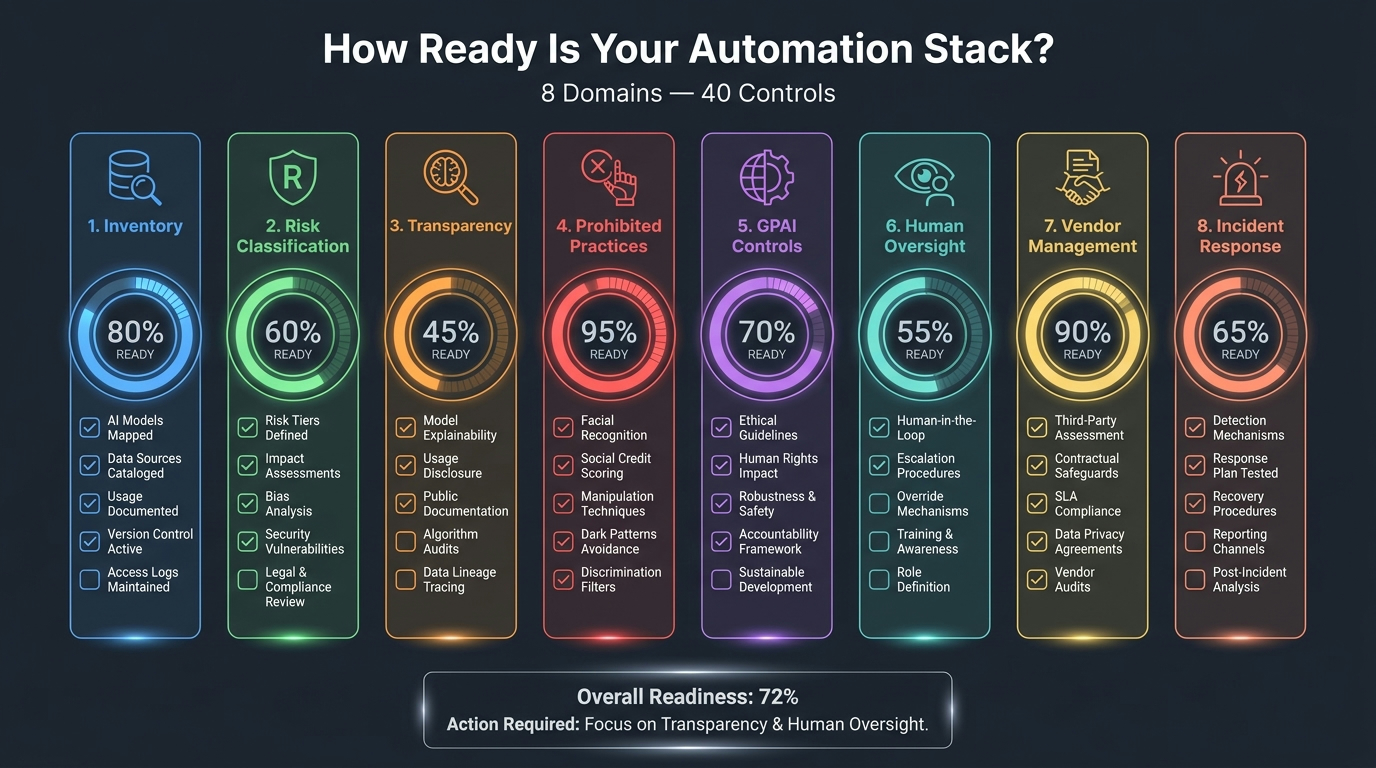 40-point AI automation readiness checklist across 8 compliance domains: inventory, risk classification, transparency, prohibited practices, GPAI, human oversight, vendor management, incident response