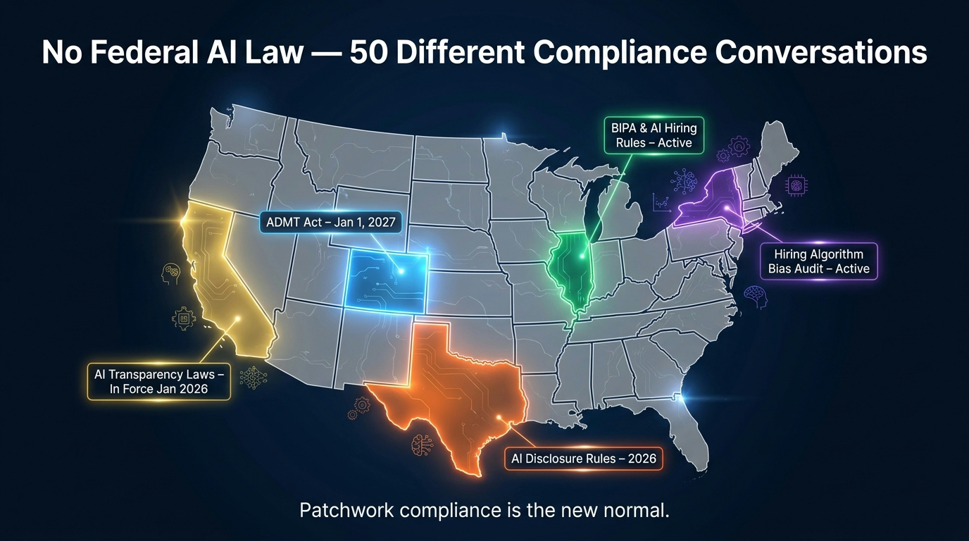 US map showing state-level AI regulation patchwork with key states highlighted: Colorado, California, Texas, Illinois, New York