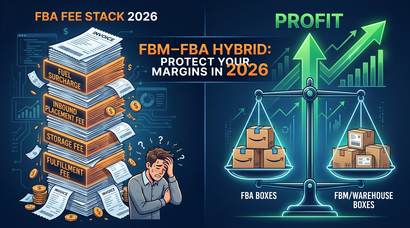 FBM–FBA Hybrid fulfillment strategy infographic showing the 2026 Amazon fee stack on one side and a balanced hybrid model on the other