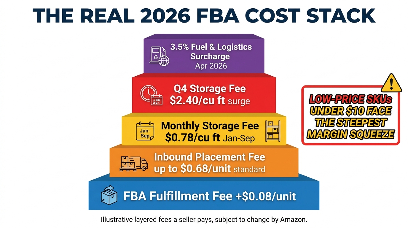 Bar chart showing the complete 2026 Amazon FBA cost stack including fulfillment fees, inbound placement fees, storage fees, and the April 2026 fuel surcharge
