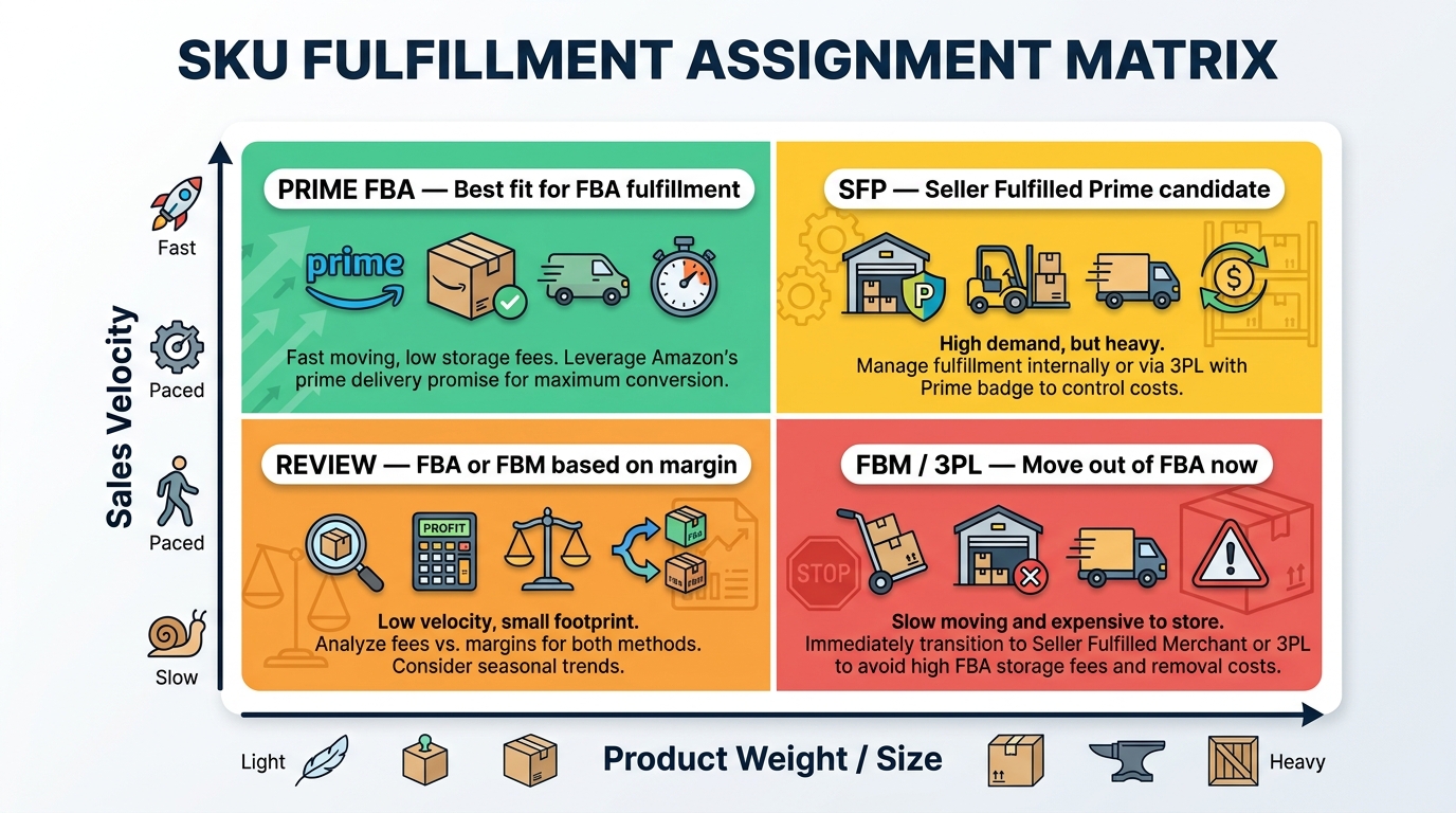 2x2 SKU fulfillment assignment matrix showing which products belong in FBA, SFP, FBM, or 3PL based on sales velocity and product size/weight