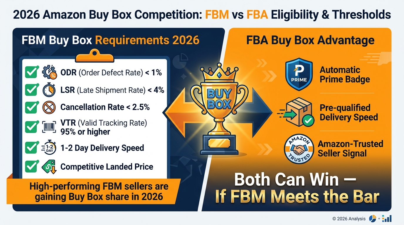 Split-panel comparison infographic showing FBM Buy Box requirements versus FBA Buy Box advantages, with account health metrics and delivery speed thresholds for 2026
