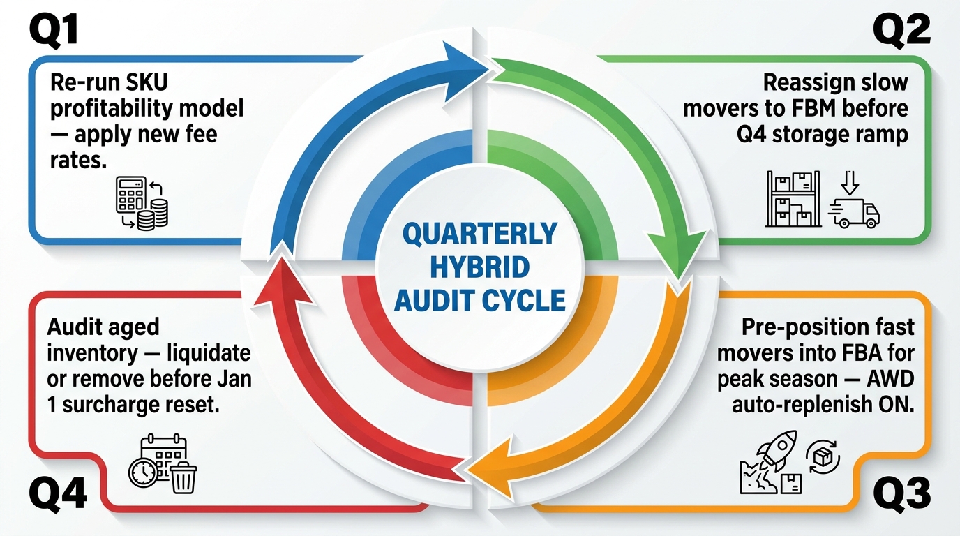 Circular quarterly audit cycle diagram for Amazon hybrid FBA/FBM sellers showing Q1 profitability model refresh, Q2 slow mover reassignment, Q3 peak season preparation, and Q4 aged inventory clearance