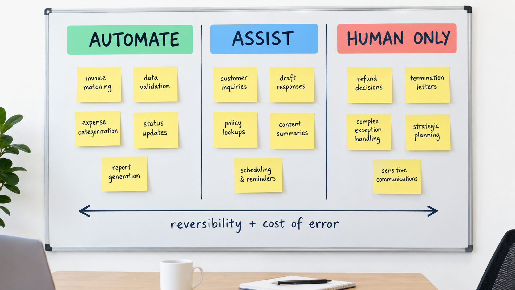 Whiteboard decision framework with columns Automate, Assist, and Human Only, with tasks sorted by reversibility and cost of error