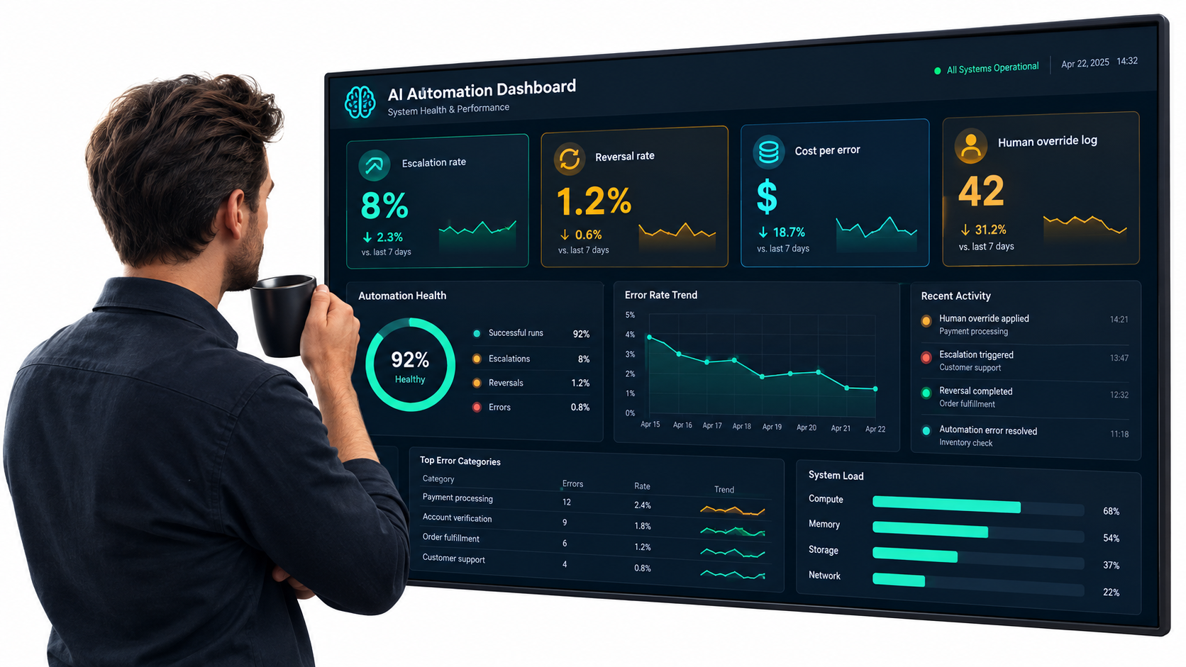 Operations dashboard showing AI automation health metrics including escalation rate, reversal rate, cost per error, and human override log