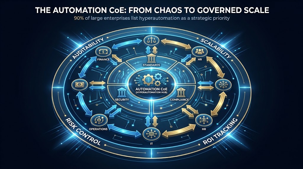 Hyperautomation Center of Excellence governance model — standards, compliance, and cross-department coordination