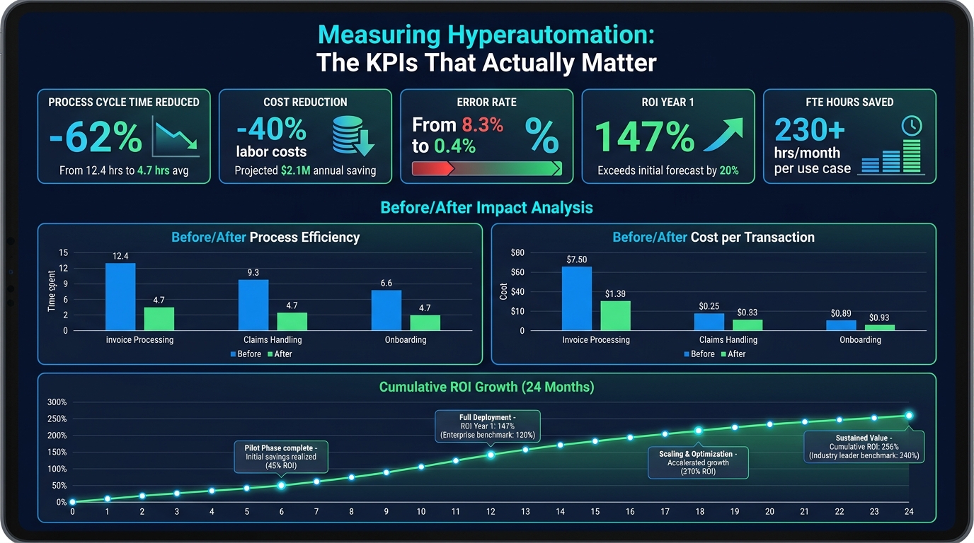 Hyperautomation ROI and KPI dashboard showing cycle time reduction, cost savings, error rate improvement, and first-year returns