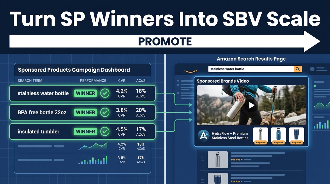 Split-screen showing SP winner keywords on the left being promoted with an arrow into Sponsored Brands Video placements on the right — Turn SP Winners Into SBV Scale