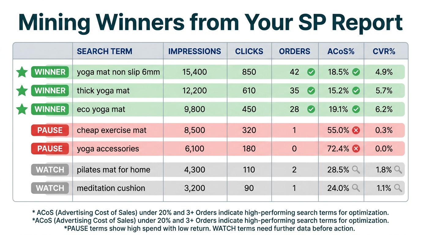 Color-coded Sponsored Products Search Term Report with Winner, Watch, and Pause labels identifying high-converting search terms for SBV promotion