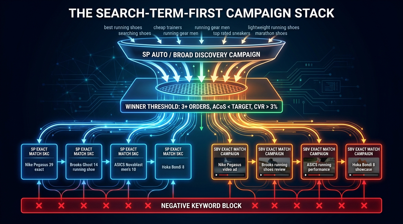 Waterfall campaign architecture diagram showing the flow from SP auto/broad discovery through winner threshold filtering into SP exact SKC and SBV exact match campaigns, with negative keyword blocks preventing overlap