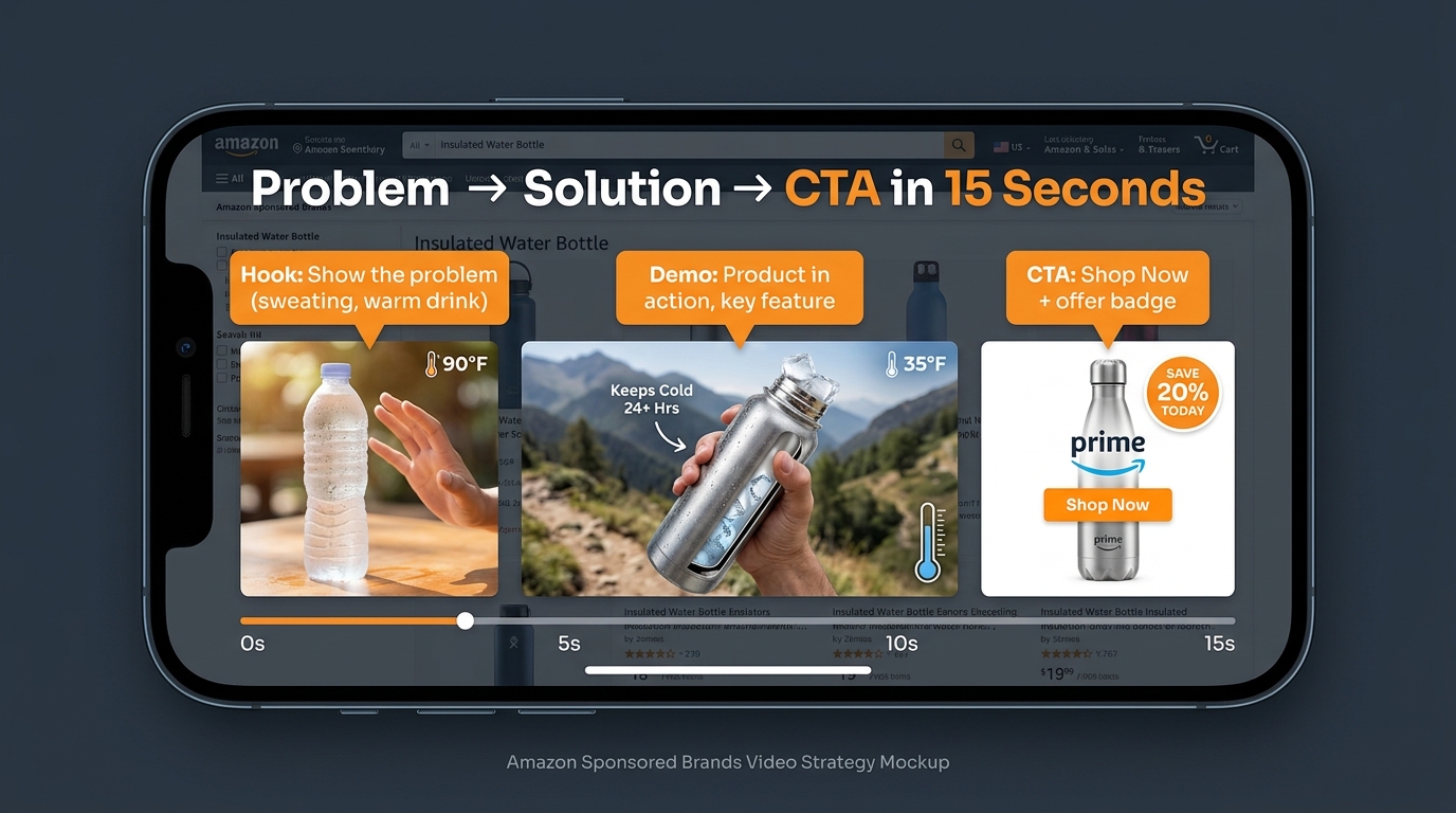 Smartphone showing a 15-second Sponsored Brands Video ad with timestamp callouts: 0-3s Hook showing problem, 4-10s product demo, 11-15s CTA with offer badge