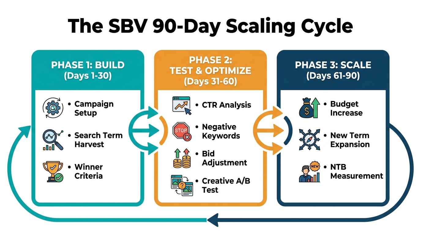 90-day SBV scaling cycle timeline with three phases: Build (Days 1-30), Test and Optimize (Days 31-60), and Scale (Days 61-90) with continuous cycle arrows