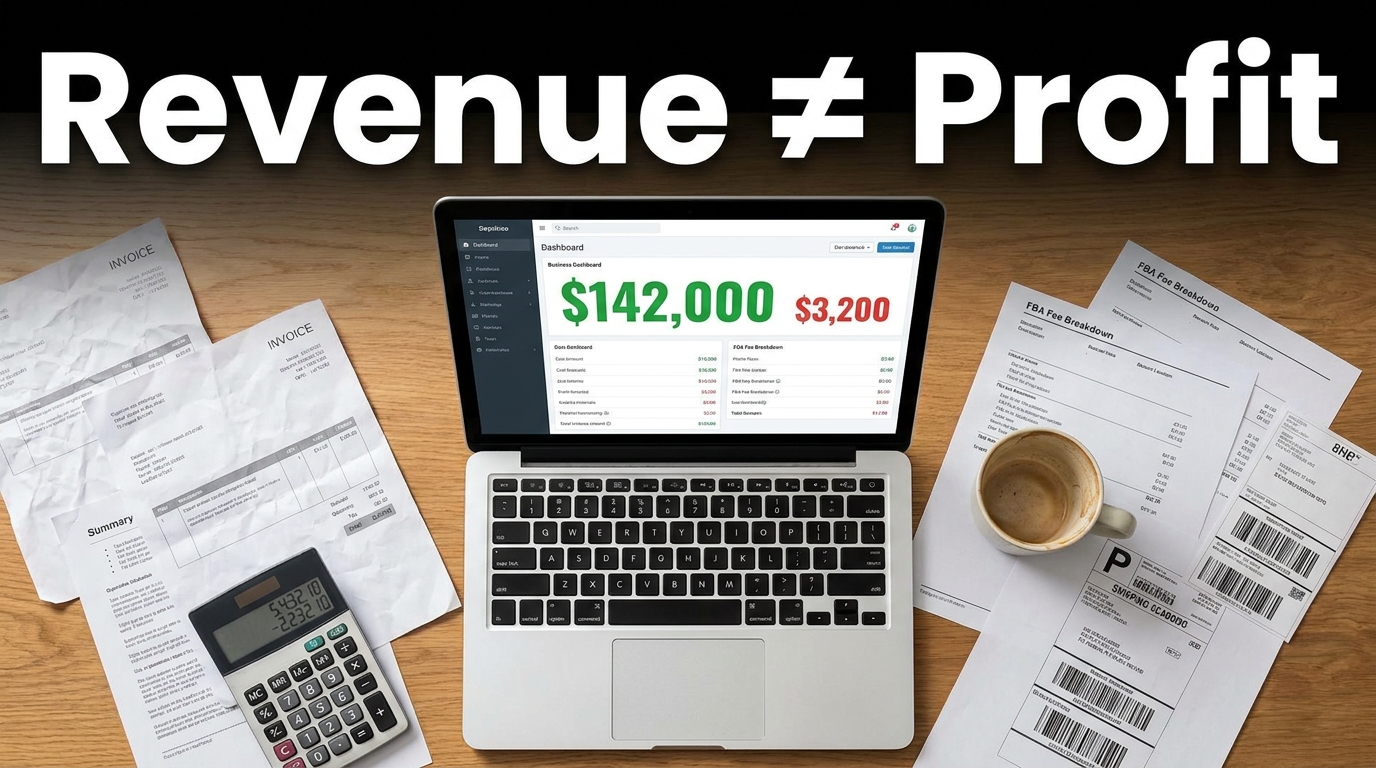 Amazon seller dashboard showing large revenue figure versus tiny actual profit — Revenue does not equal Profit