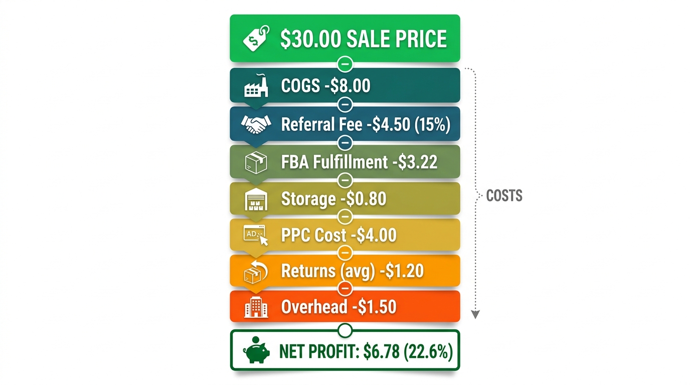 Infographic showing all cost layers eating into a $30 Amazon sale price, from COGS to net profit