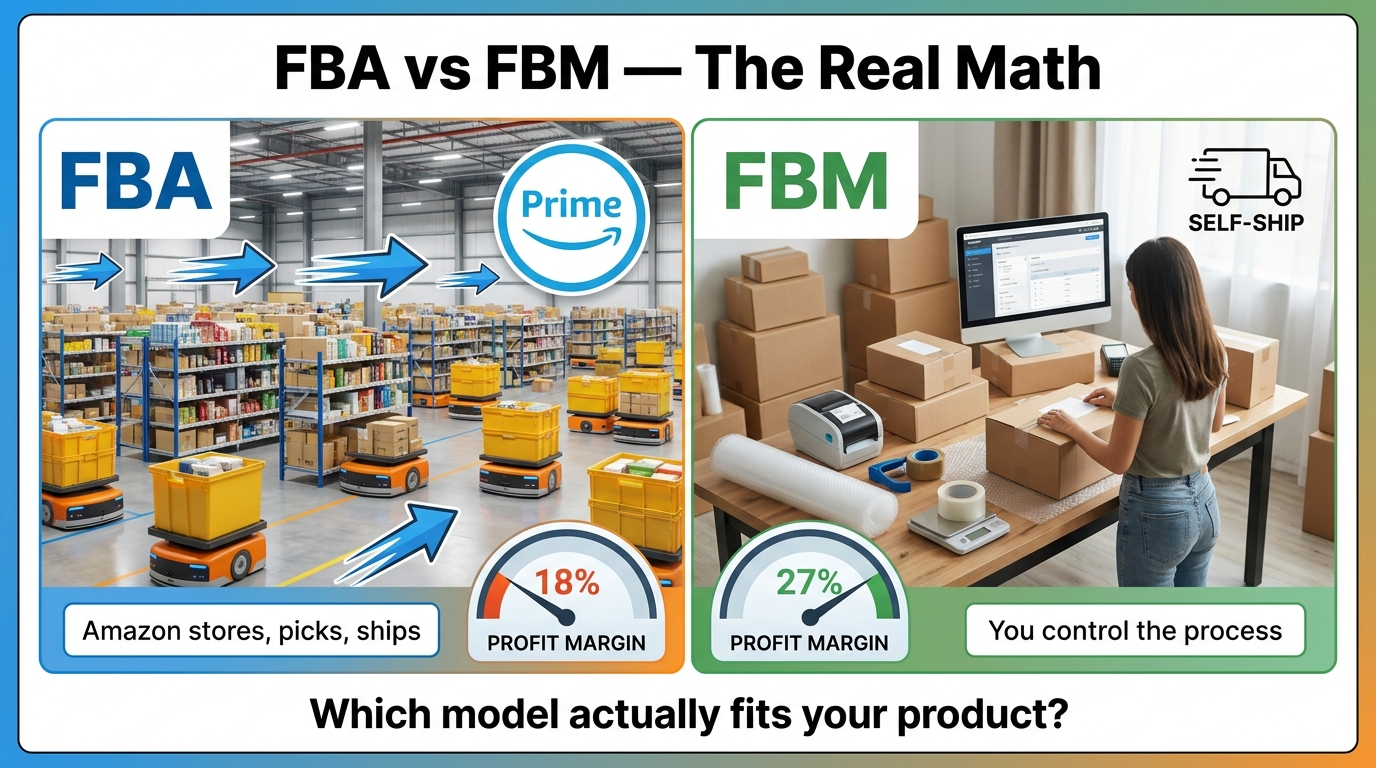 Split screen comparison of FBA versus FBM fulfillment models showing margin differences and trade-offs