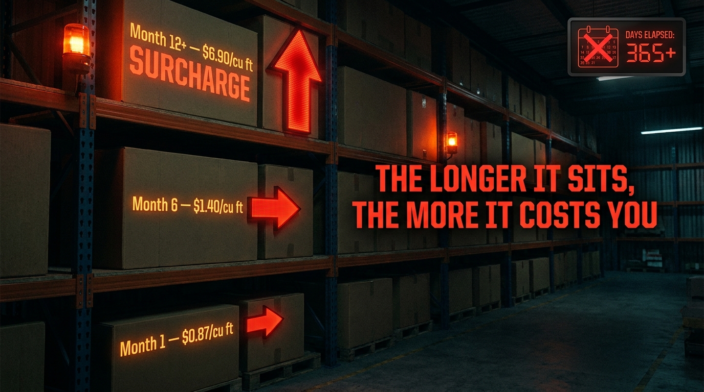 Amazon warehouse shelves showing storage fees escalating over time from month 1 to month 12 with red warning overlays