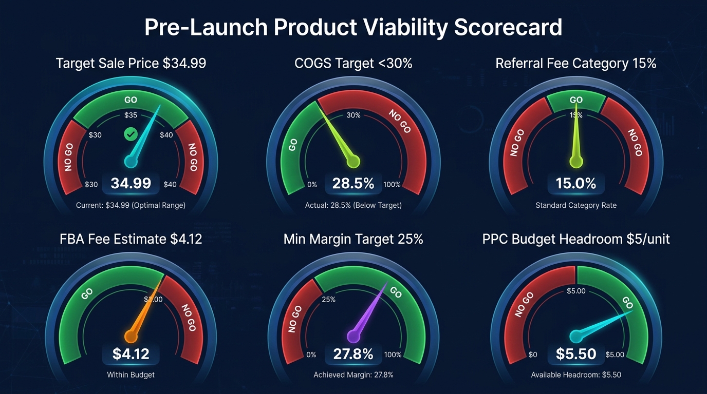 Pre-launch product viability scorecard dashboard showing six key financial metrics with go/no-go indicators