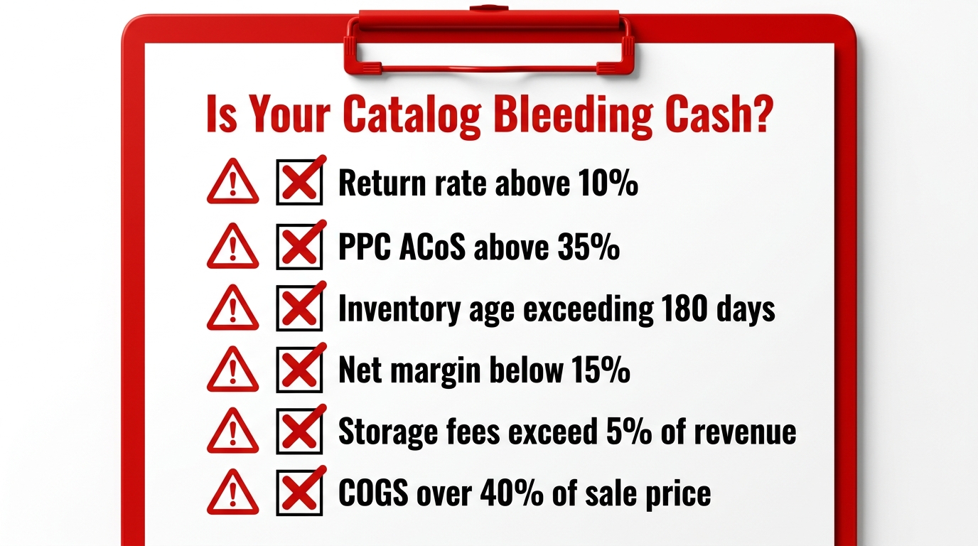 Warning signs checklist showing red flags in Amazon catalog performance including return rate, ACoS, and margin thresholds