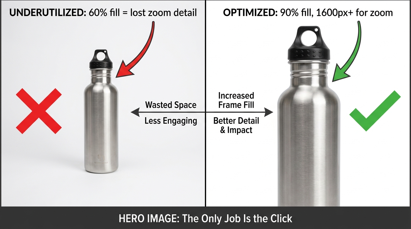 Split comparison showing underutilized hero image at 60% frame fill versus optimized hero at 90% fill with zoom-ready resolution