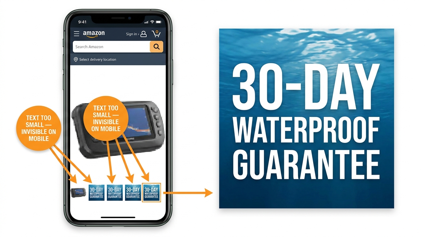 Smartphone showing Amazon product detail page with tiny thumbnail carousel, annotation arrows pointing to illegible text overlays labeled 'TEXT TOO SMALL — INVISIBLE ON MOBILE', alongside corrected version with large bold benefit text