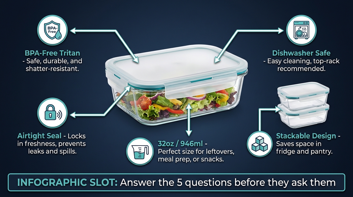 Amazon listing infographic image showing a product with 5 clean callout annotations pointing to key features on a dark navy background
