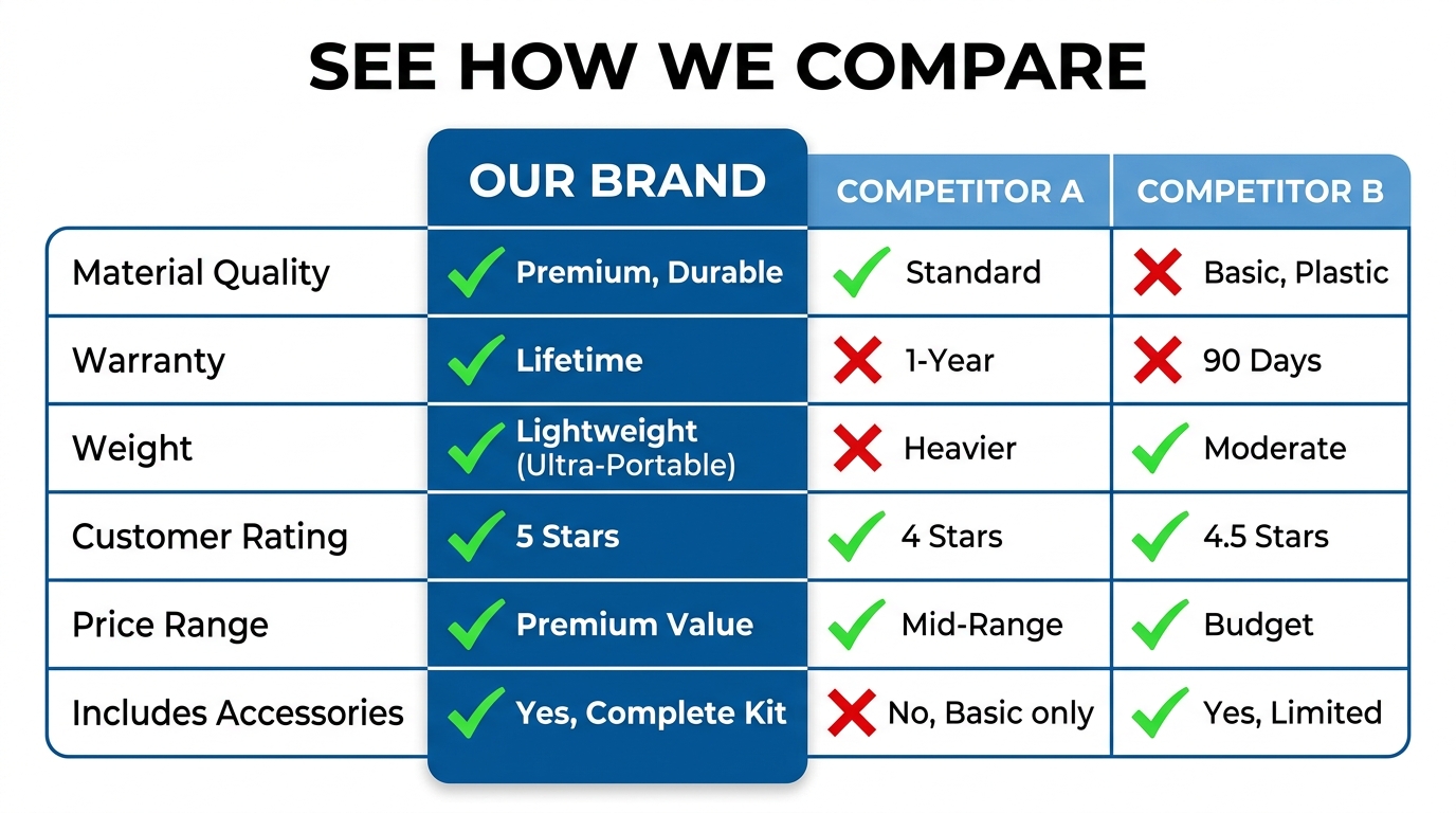Amazon product comparison chart showing brand vs. two competitors across 6 feature rows with green checkmarks and X marks, headline: SEE HOW WE COMPARE