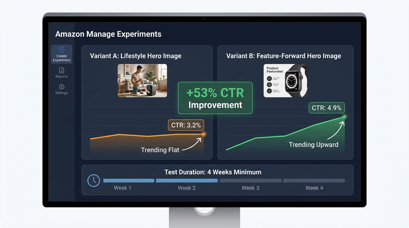 Amazon Manage Experiments A/B test dashboard concept showing Variant A at 3.2% CTR vs Variant B at 4.9% CTR with +53% CTR improvement stat overlay and 4-week minimum test duration bar
