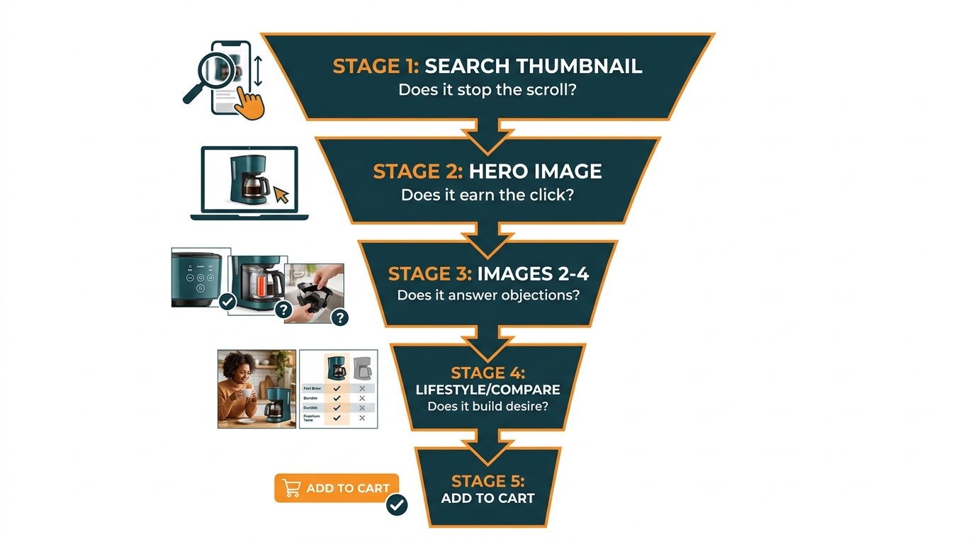 Amazon buyer journey funnel diagram showing the 5 stages from search thumbnail to Add to Cart