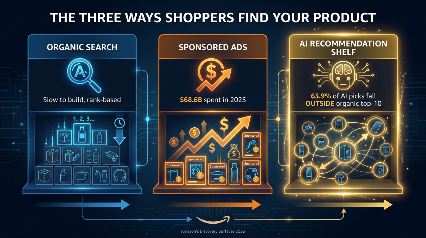 Amazon's three product discovery surfaces in 2026: organic search, sponsored ads, and the AI recommendation shelf