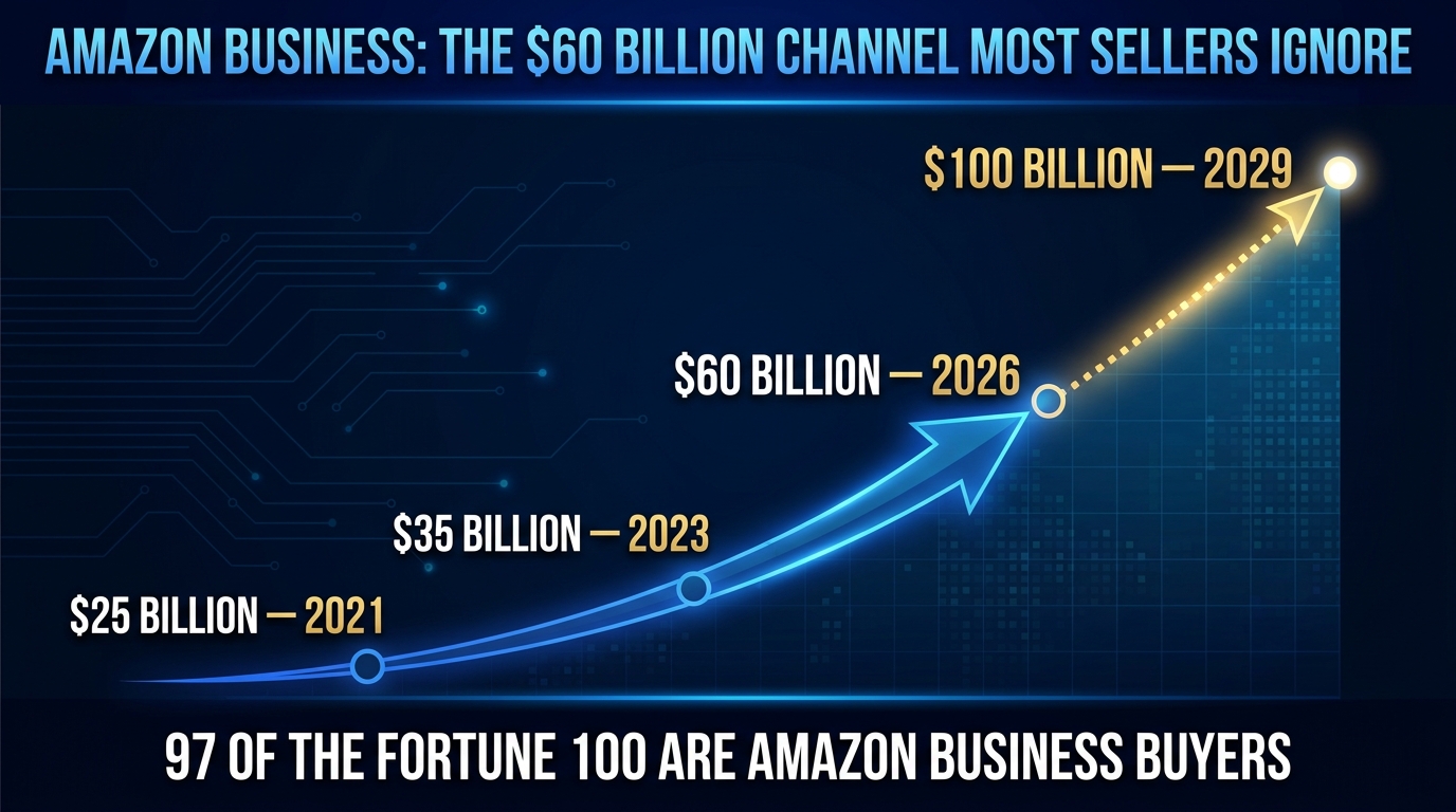 Amazon Business growth chart: $25B in 2021, $35B in 2023, $60B in 2026, projected $100B by 2029
