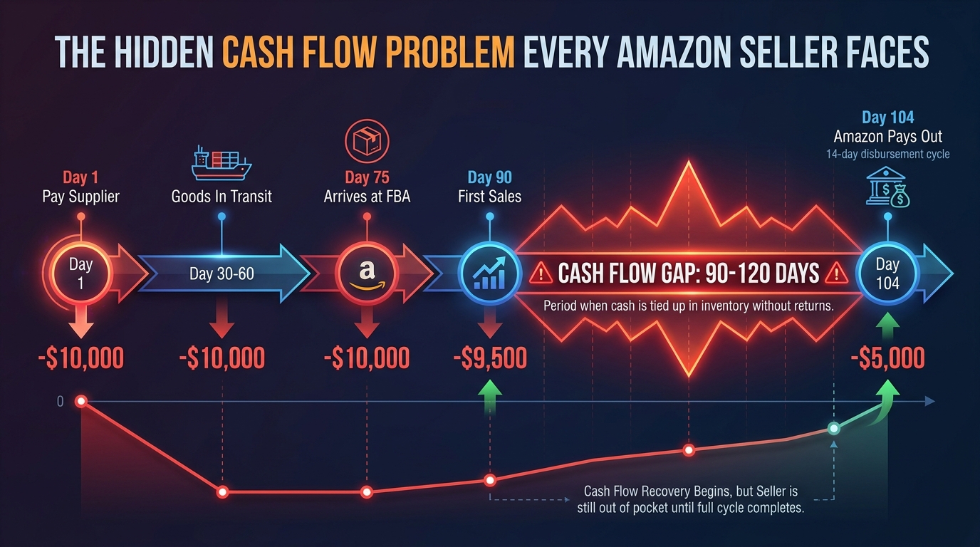The hidden cash flow gap every Amazon seller faces: 90-120 day cycle from supplier payment to Amazon disbursement