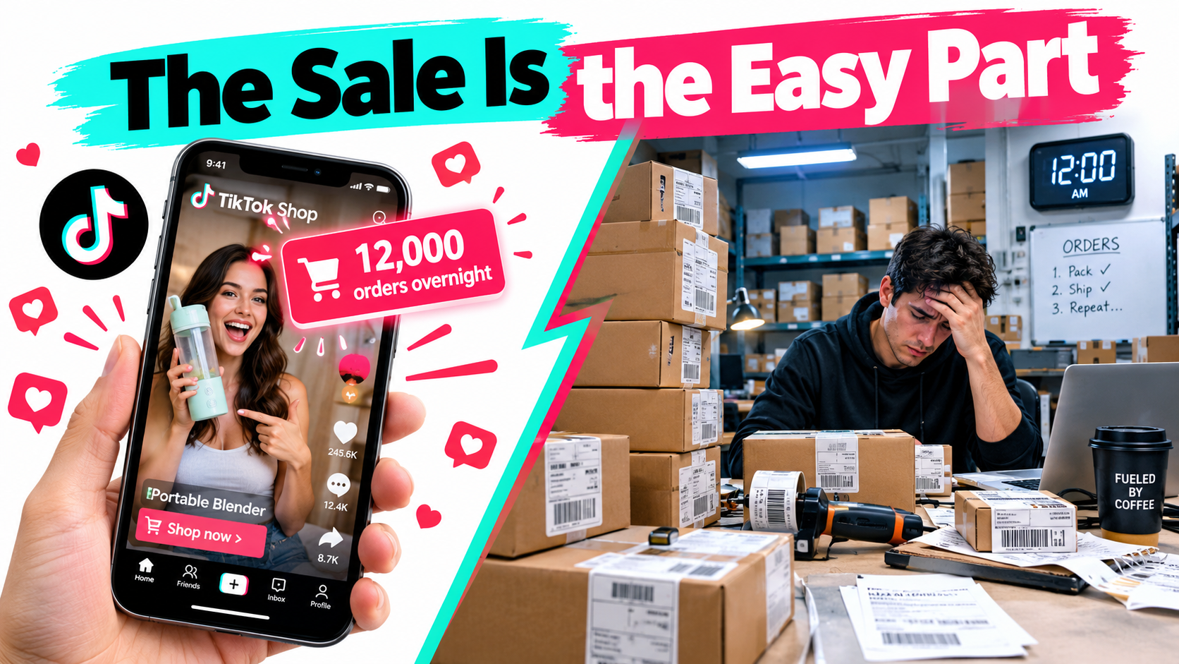 Split illustration showing a viral TikTok Shop video with thousands of overnight orders beside an overwhelmed packing station, headlined The Sale Is the Easy Part