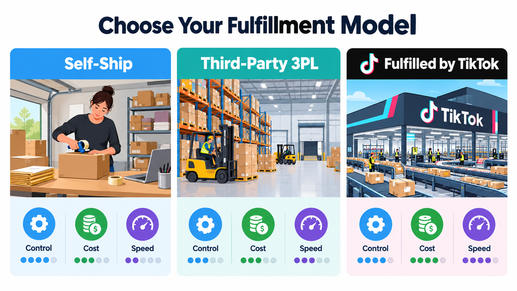 Three-column comparison of TikTok Shop fulfillment models: self-ship, third-party 3PL, and Fulfilled by TikTok, rated on control, cost, and speed