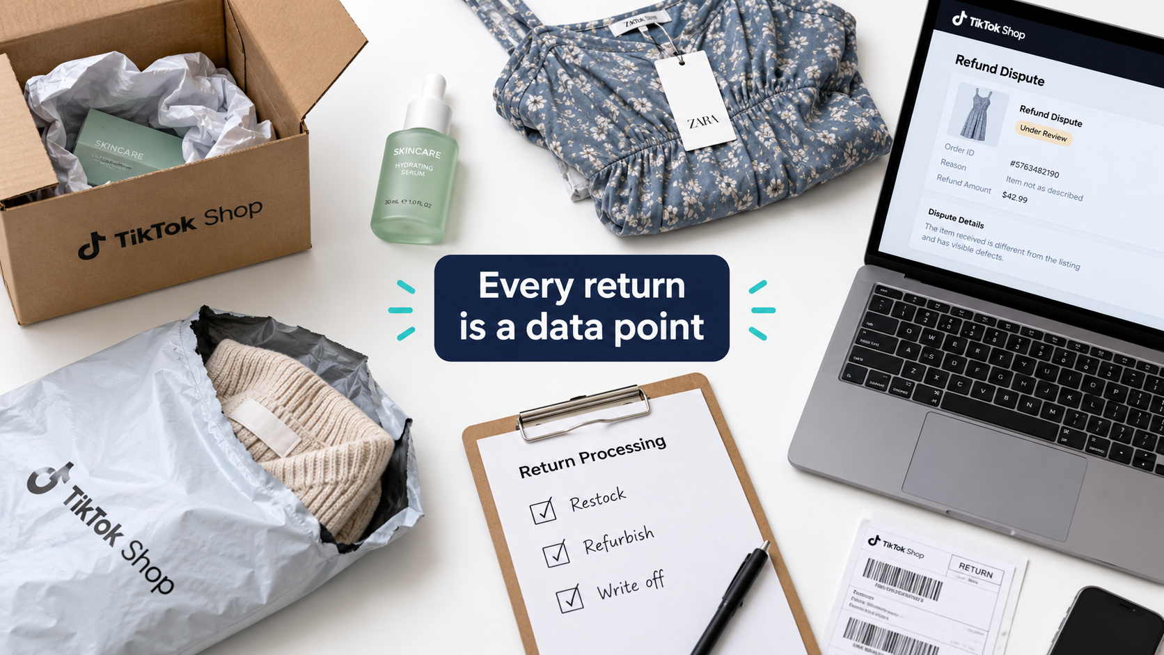 Returns processing table with opened TikTok Shop packages, a restock refurbish write-off checklist, and a refund dispute on a laptop