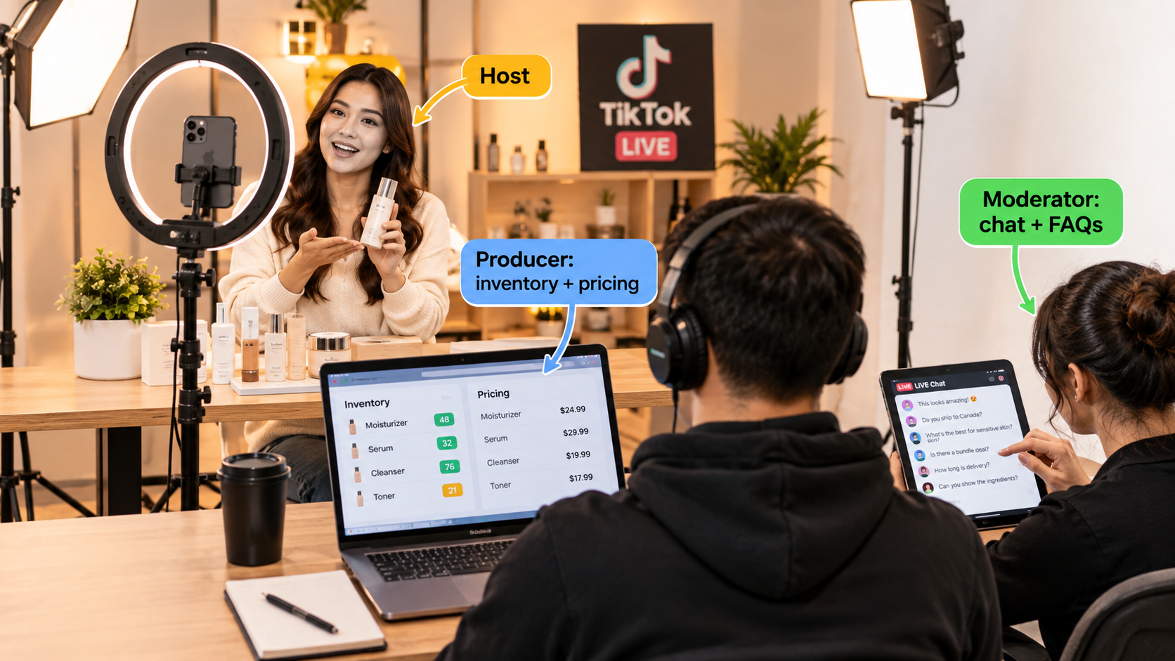 TikTok LIVE selling studio with a host on camera, a producer tracking inventory and pricing, and a moderator handling chat