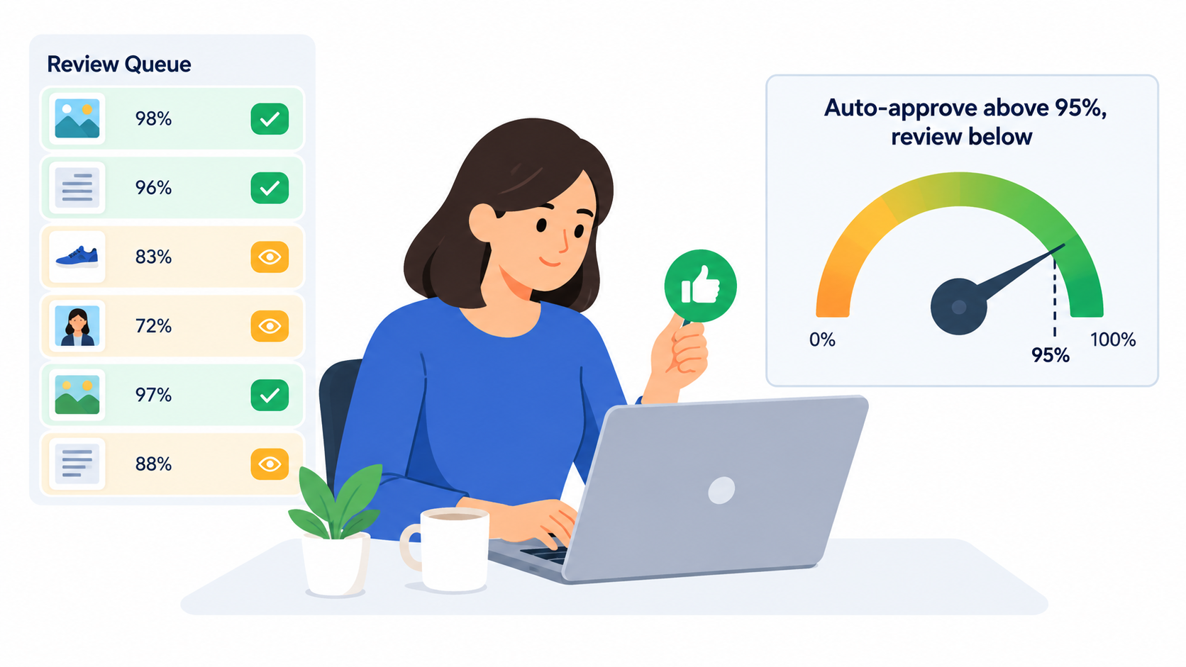 Human reviewer approving items with a confidence threshold dial