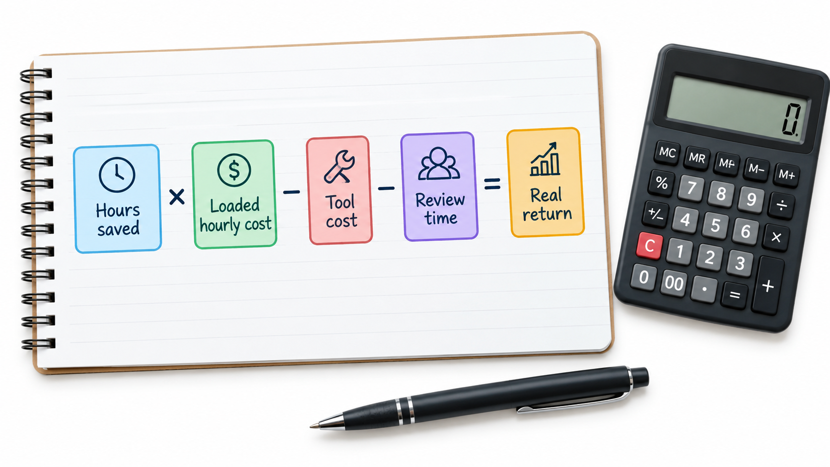 Notebook showing the formula for real automation return