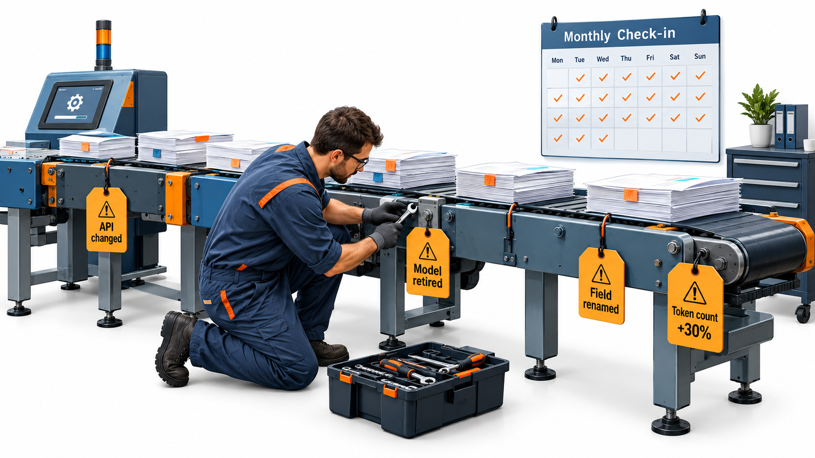 Technician maintaining an automated document conveyor with warning tags reading API changed, model retired, field renamed, and token count up 30 percent